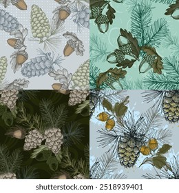 Seamless Pattern with pine cones and acorns. Color sketch style hand drawn background. Detailed illustration, hand drawn. Great for fabric and textile, prints, invitation, packaging.