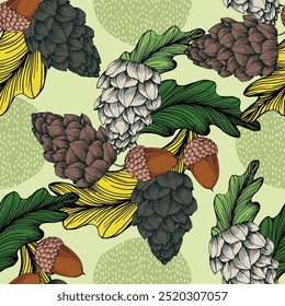 Seamless Pattern with pine cones and acorns. Color sketch style hand drawn background. Detailed illustration, hand drawn. Great for fabric and textile, prints, invitation, packaging.