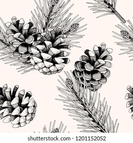 Seamless pattern with pine cones and branches
