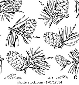 Seamless pattern with pine cones and pine branches