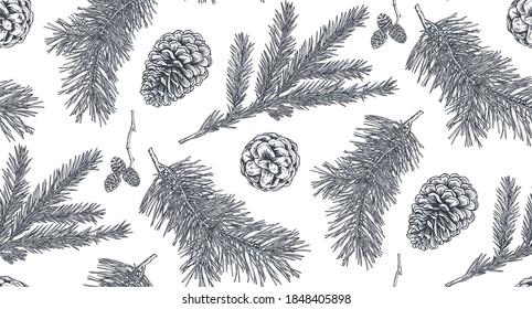 Seamless pattern with pine cones and branches. Hand drawn sketch vector illustration. Black and white monochrome Christmas endless background.