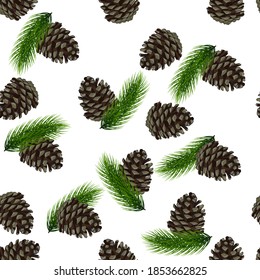 Seamless pattern of pine cones with branches on a white background
