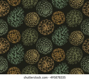 Seamless pattern with pine cones and branches. Hand drawn sketch vector illustration. Endless background in green colors