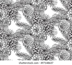 Seamless pattern with pine cones and branches. Hand drawn sketch vector illustration. Black and white monochrome Christmas endless background