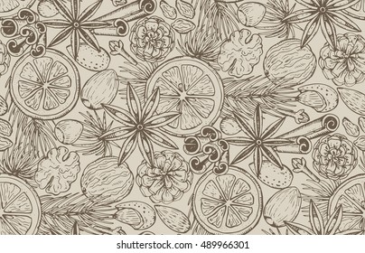 Seamless pattern with pine cones, Christmas spices and citrus fruit. Hand drawn sketch vector illustration. Vintage monochrome endless background