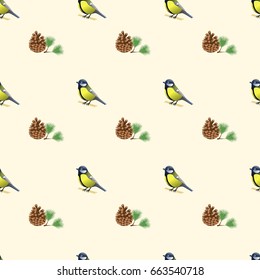 Seamless pattern with pine cones and cute titmice on a light yellow background. Vector illustration.
