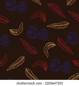 
Patrón sin foco de conos de pino y hojas en caída. Humor otoñal. Objetos realistas y detallados