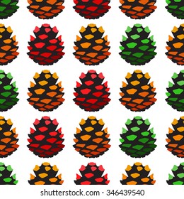 Seamless pattern with pine cones. Fir, cedar, spruce tree background. Vector forest illustration. Autumn, winter, spring and summer symbols and elements of wood. Christmas and New year decorations. 