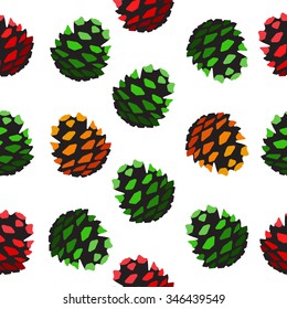 Seamless pattern with pine cones. Fir, cedar, spruce tree background. Vector forest illustration. Autumn, winter, spring and summer symbols and elements of wood. Christmas and New year decorations. 
