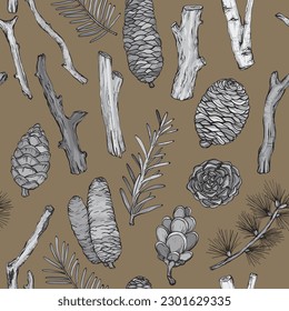 Seamless pattern with pine cones, forest twigs and sticks. Vector illustration