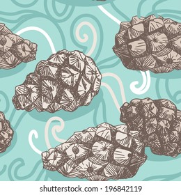 seamless pattern with Pine cones and frosty patterns. Brown and blue. Sketch. vector
