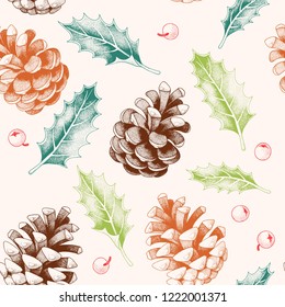 Seamless pattern with pine cones and holly