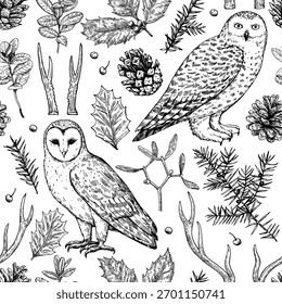 Padrão sem costura com pinhas, zimbro, corujas e galhadas. Impressão mágica do Natal da floresta. Ilustração de vetor monocromático em estilo de gravação.