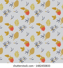 Seamless pattern with pine cones, leaves, branches, acorn.  Forest autumn collection. Elements for invitations, greeting cards, prints, fabric