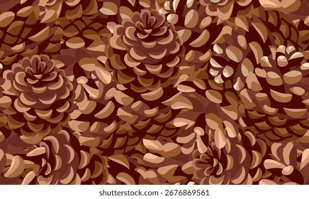 Seamless pattern with pine cones. The cones lie close to each other. Christmas, autumn or winter pattern for packaging, textile and printing. Vector illustration on isolated background.