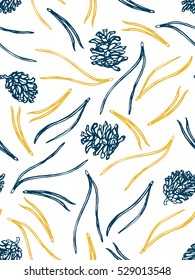 Seamless pattern with pine cones and needles. The sketch style. Yellow and blue. Hand drawn. Merry Christmas.
