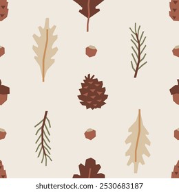 Seamless pattern of pine cones, oak leaves, acorns, and fir branches, in cutout style on light beige background. Simple geometric fall or winter vector design