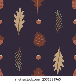 Seamless pattern of pine cones, oak leaves, acorns, and fir branches, in cutout style on dark purple background. Simple geometric fall or winter vector design