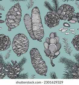 Seamless pattern with pine cones on blue background. Vector illustration