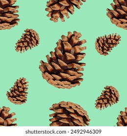 Seamless pattern with pine cones on a green background