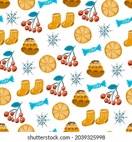 Seamless pattern with pine cones and snowflakes and socks. And also with sweets and berries. Winter pattern.