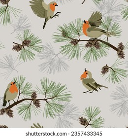 Seamless pattern with pine cones, spruce and birds on a gray background. Vintage background for fabric, scrapbook, poster, greeting cards. Vector illustration.