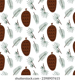 Seamless pattern with pine cones and spruce branches. Print in flat style with doodle elements. Children's pattern for textiles, fabric, clothing or stationery.
