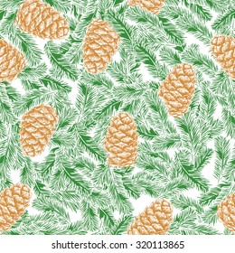 seamless pattern of pine cones and spruce branches