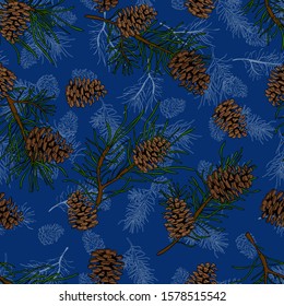 Seamless pattern with pine fir christmas tree cedar spruce and cones. Vector hand drawn background for design and decoration textile, covers, package, wrapping paper.