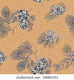 Seamless pattern with pine, fir cones in retro style. Vintage background.