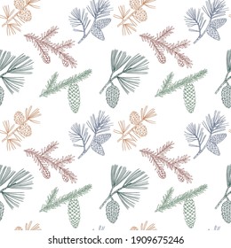 Seamless pattern with pine and hemlock branches. Hand drawn vector illustration