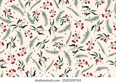 seamless pattern of pine leaves and berries