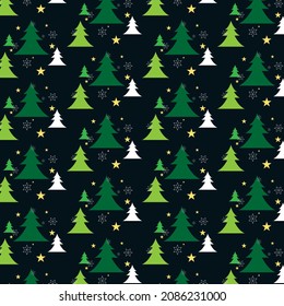 Seamless pattern pine with snowflakes and stars. Winter concept. Flat design vector illustration.