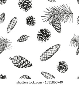 Seamless pattern with pine and spruce cones. Vector seamless background with branches and cones. Hand drawn Christmas background. Hand-drawn sketches.