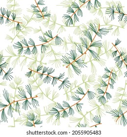 Seamless pattern with pine tree branches on a white background. Natural pattern print template.