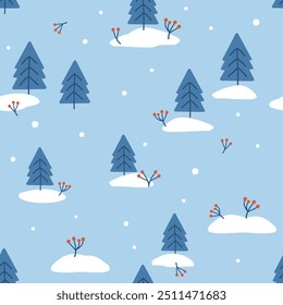 Seamless pattern with pine tree, red berry branch and snowflakes on blue background vector.