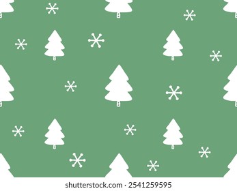 Seamless pattern with pine tree and snowflakes on green background vector.