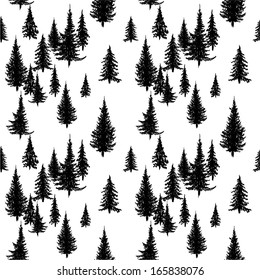 Seamless pattern with pine trees in black and white