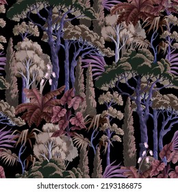 Seamless pattern with pine trees, bushes and plant. Vector