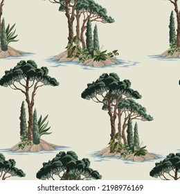 Seamless pattern with pine trees, bushes and plant. Vector