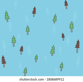 Seamless pattern of pine trees forest in blue green brown, graphic geometric abstract minimal retro vintage, sweet happy kids background illustration in vector

