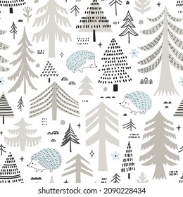 Seamless pattern  with  pine trees and hedgehogs. Vector background in scandinavian style.