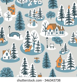 seamless pattern with pine trees and houses