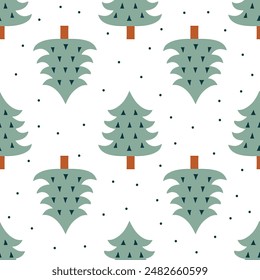 Seamless pattern of pine trees on whitevbackground with dots. Woodland forest. Vector illustration in scandinavian style.