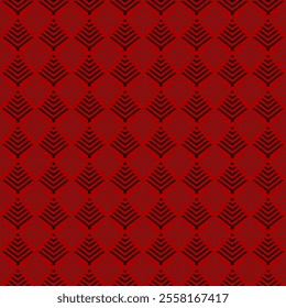 Seamless pattern of pine trees on a red background. Pixel, geometric, repeating, textile, square, natural, repeating pattern, monochrome red, diamond. Vector