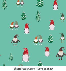 Seamless pattern with pine trees and scandinavian gnomes. Beautiful festive design with elves decorations. For wrapping paper, textiles, fabric. Flat cartoon style vector illustration.