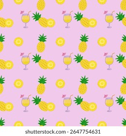 Seamless pattern of pineapple (Ananas comosus) and pineapple cocktail in summer with pink background. Tropical fruit pattern and holiday.