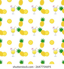 Seamless pattern of pineapple (Ananas comosus) and pineapple  cocktail in summer with white background. Tropical fruit pattern and holiday.