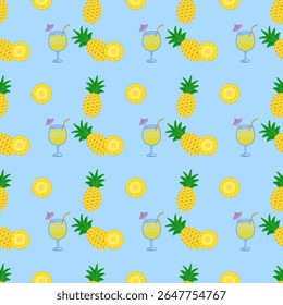 Seamless pattern of pineapple (Ananas comosus) and pineapple cocktail in summer with blue background. Tropical fruit pattern and holiday.
