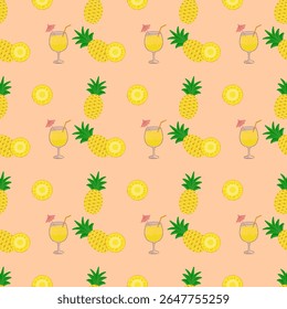 Seamless pattern of pineapple (Ananas comosus) and pineapple cocktail in summer with orange background. Tropical fruit pattern and holiday.